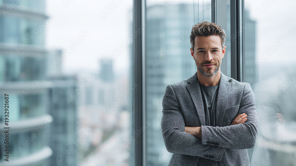 Fototapeta premium Confident businessman standing by a large window in a modern office building, ready to take on new challenges.