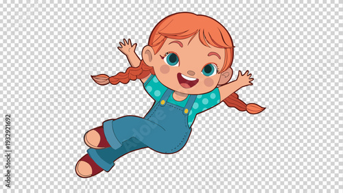 Happy cartoon girl with braided hair jumping enthusiastically in air
