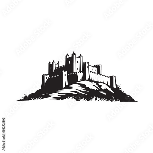 Black and white illustration of a medieval castle on a hilltop