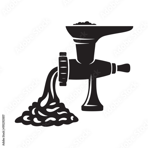A black silhouette of a vintage meat grinder with ground product flowing out