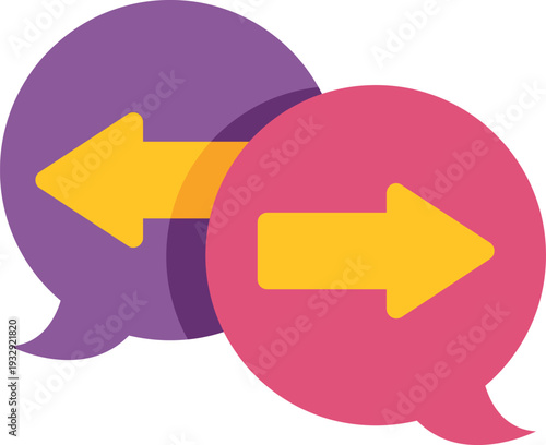 Two speech bubbles with opposing arrows symbolizing communication, conversation, and information exchange