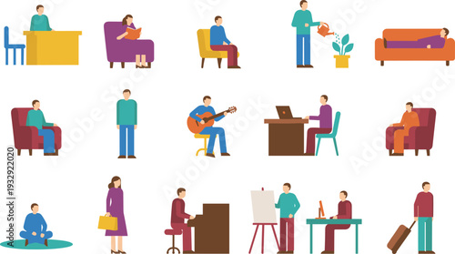 Daily Life People Activity Icon Set Collection with Working, Relaxing, Playing Music, Shopping, Studying, and Home Lifestyle Scenes