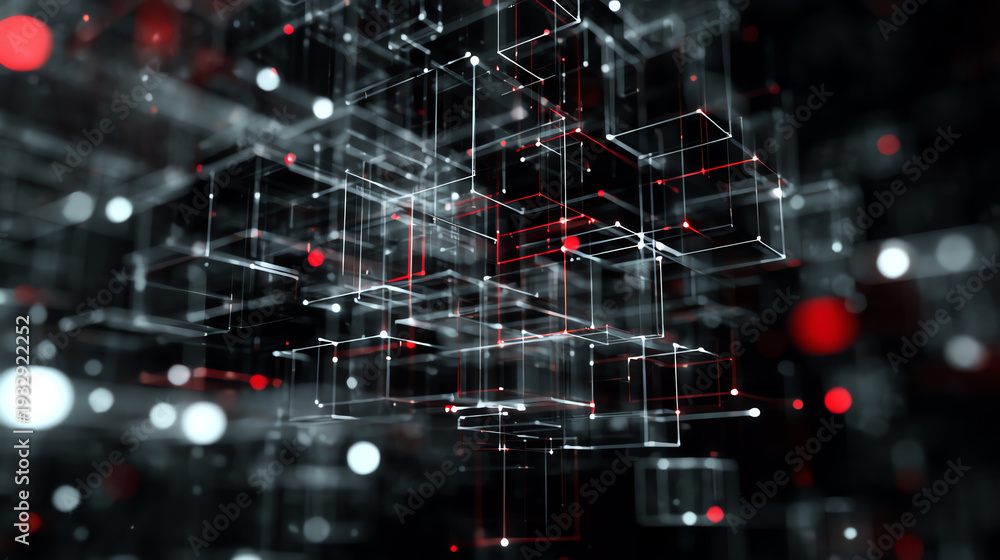 Fototapeta premium Futuristic 3D digital structure showcasing interconnected grids in a vibrant, abstract representation.