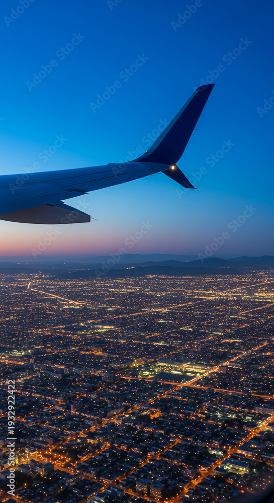 Fototapeta premium Aerial view of illuminated city lights at twilight, with aircraft wing visible. Represents exploration, travel and modern urban landscape concepts
