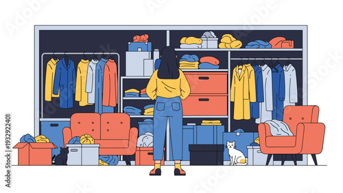 Woman standing in front of her perfectly organized walk-in closet filled with folded clothes, hanging coats, and storage boxes.