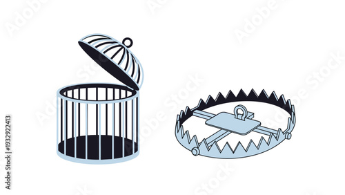 Metaphorical image of a birdcage with an open door next to a sharp metal bear trap representing freedom versus entrapment.