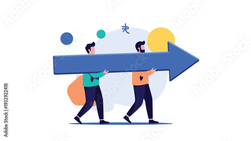 Two men walking together while carrying a giant blue arrow pointing forward symbolizing collective effort and business direction.