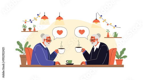 Elderly man and woman sitting at a dining table having a warm conversation over cups of hot coffee in a cozy home setting.