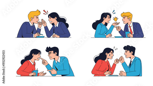 Set of panels illustrating a couple engaged in a series of heated arguments with angry expressions and pointing fingers.