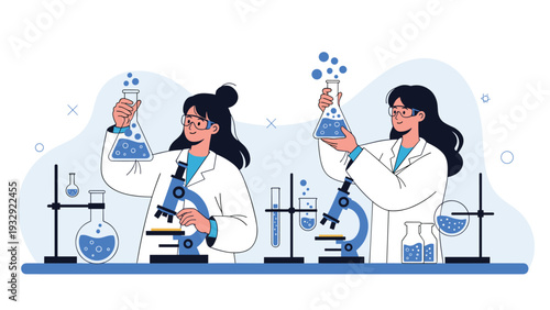 Two female scientists in white lab coats conducting research using microscopes and glassware in a modern scientific laboratory.