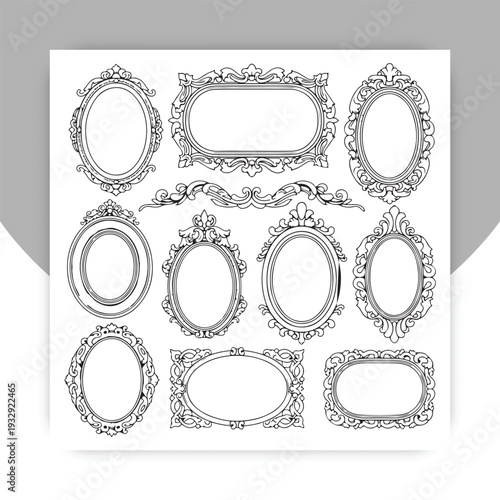 Black vintage frames. Hand drawn silhouettes of decorative square and round borders set for quotes. Elegant retro mirror and picture frameworks collection. Vector wall baroque decor,