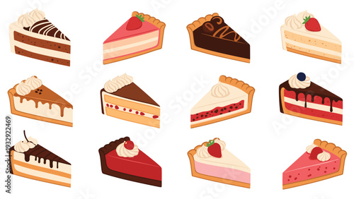 Array of various delicious cake and pie slices with different toppings like chocolate, strawberries, cherries, and whipped cream.