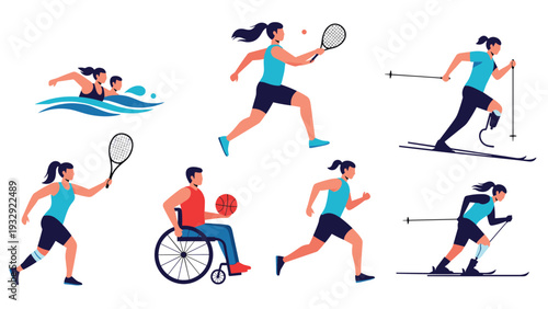 Athletes with physical disabilities participating in various competitive sports including tennis, swimming, skiing, and basketball.