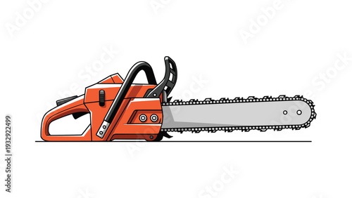 Detailed illustration of a professional orange and black gasoline-powered chainsaw on a plain white background for industrial use.