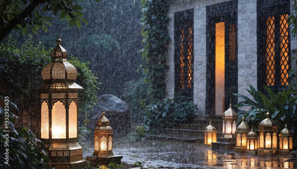 Obraz premium Ornate Moroccan lanterns glow warmly on a rainy evening outside a stone building