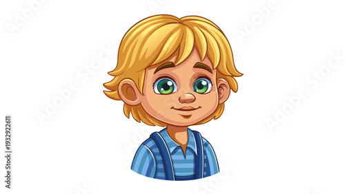 Cartoon boy with blond hair and blue eyes smiling with blue shirt and suspenders
