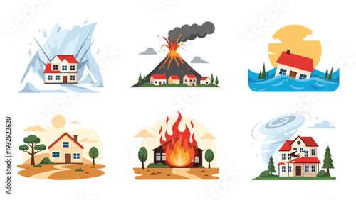 Collection of icons depicting various natural disasters including volcano eruption, flood, fire, hurricane, and avalanche risks.