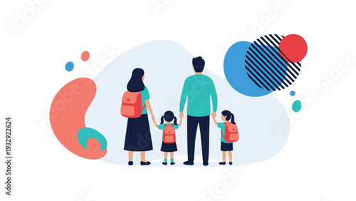 Family with young children wearing backpacks seen from behind while walking, representing school education and parenting care.