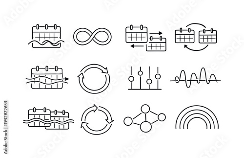 Line style vector icons of calendar schedule planner integration and sync: wave bar, loop line, flow stripe, sync arc, flow ring,