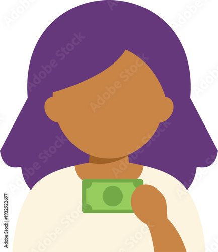 Woman holding a green bill, representing payment, donation, or income