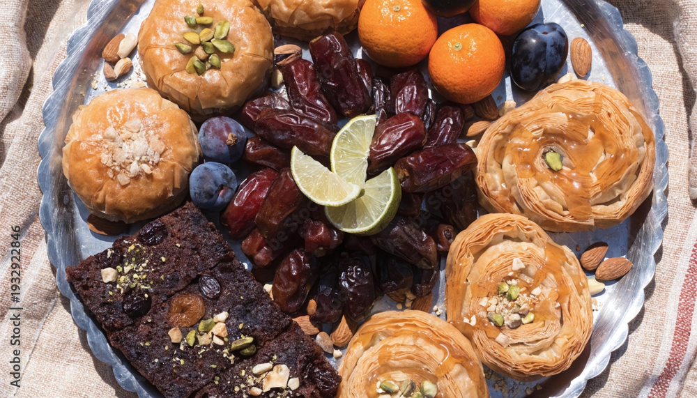 Fototapeta premium Assortment of Middle Eastern sweets and fruits on a decorative silver platter