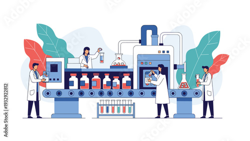 Scientists in white coats working on laboratory conveyor belt with test tubes and flasks, showing pharmaceutical manufacturing.