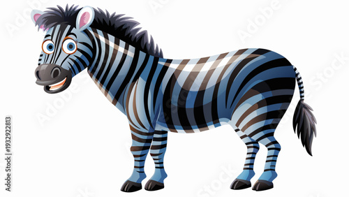 Cartoon zebra with exaggerated features and fluffy mane standing alone