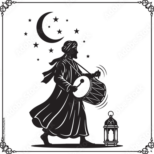 A man playing a drum under the stars and a crescent moon