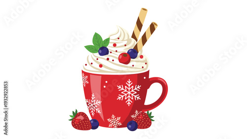 Festive red mug filled with hot chocolate topped with whipped cream, berries, and wafer sticks, depicting winter treat joy.