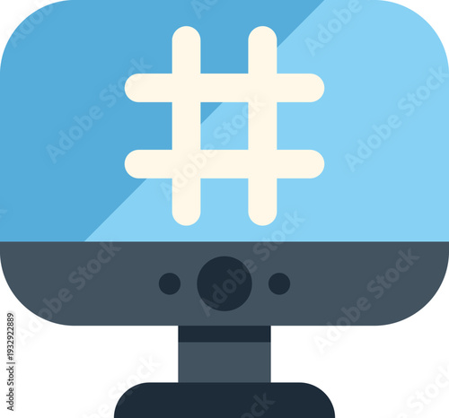 Computer monitor with a hashtag symbol representing social media engagement and trending topics