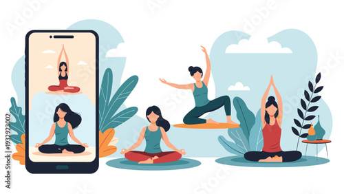 Group of women practicing yoga together with one person seen on smartphone screen, representing online workout fitness classes.