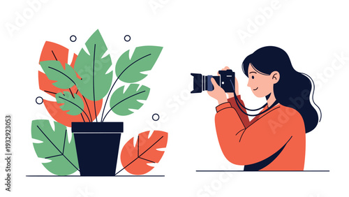 Young girl photographer taking picture of large green potted plant with camera, representing nature photography hobby and art.