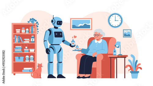 Robot helper bringing medicine to elderly woman sitting in armchair at home, showing future technology for senior healthcare.