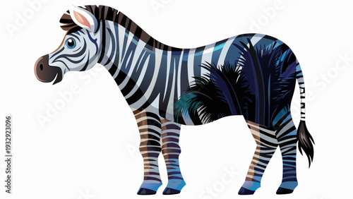 Whimsical zebra illustration with curly mane expressive face and colorful stripes on white
