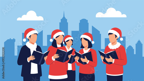 Group of diverse people wearing Santa hats singing Christmas carols in front of city skyline, depicting holiday season festive spirit.
