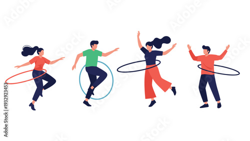 Group of diverse people exercising with hula hoops and having fun, depicting active lifestyle and outdoor fitness activity.