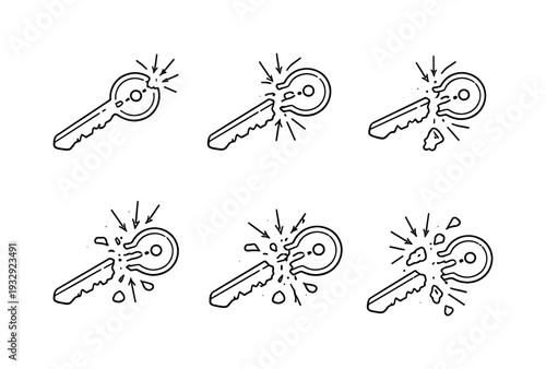 Line vector icons of a quantum key breaking upon any interception attempt (tamper-sensitive qubit key): sleek key, qubit dot,