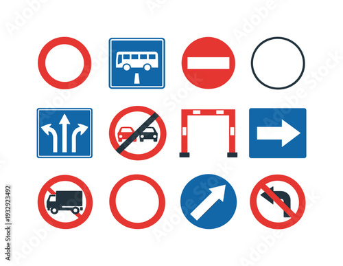 Flat vector icons of regulatory signs: restricted zone ring, bus lane tile, no-entry bar, speed limit circle (no numbers),