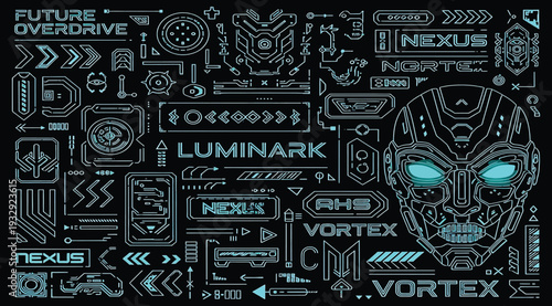 Futuristic cyberpunk circuit board with robotic face and neon blue accents on black background with various tech words and symbols