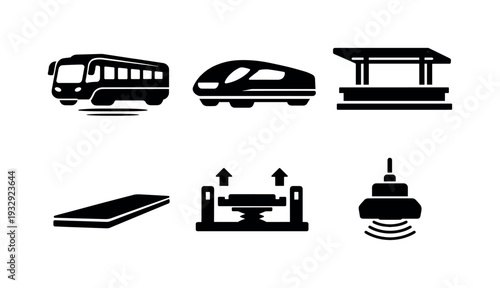 Solid vector icons of magnetic-cushion urban transport: levitating city bus, magnetic cushion module, aerodynamic body; rail-less