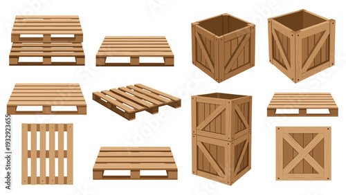 Collection of wooden pallets and shipping crates in various perspectives and sizes for logistics and storage concepts.