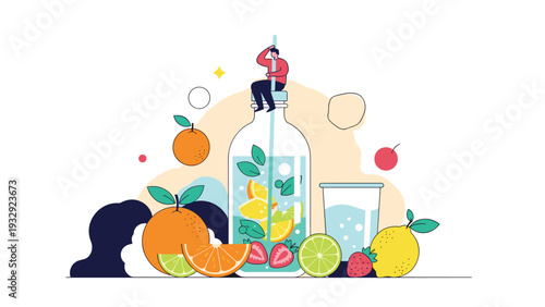 Creative illustration of a giant glass bottle filled with fruit infused water and a tiny person sitting on the straw top.