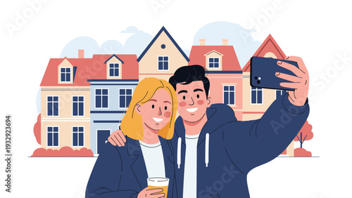 Happy young couple taking a selfie with a smartphone while standing in front of colorful traditional townhouses during a trip.