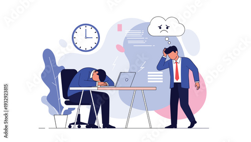 Exhausted and stressed office workers dealing with a heavy workload, burnout, and time pressure in a modern workspace illustration.