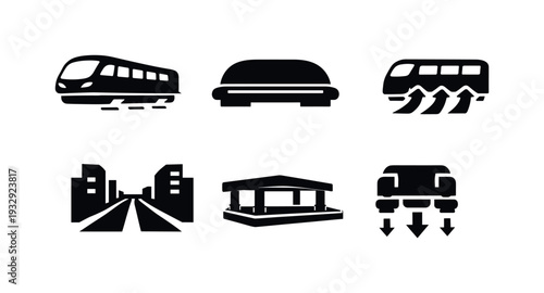 Solid vector icons of rail-free magnetic bus concepts: maglev bus, wide magnetic cushion, airflow intake; city corridor surface,
