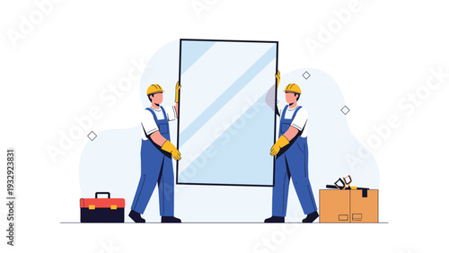 Two professional movers or construction workers in uniforms and safety gear carefully carrying a large glass window pane.