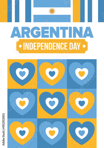Argentina National Day. Happy holiday. Independence and freedom day. Celebrate annual. Argentina flag. Patriotic argentine design. Poster, card, banner, template, background. Vector illustration