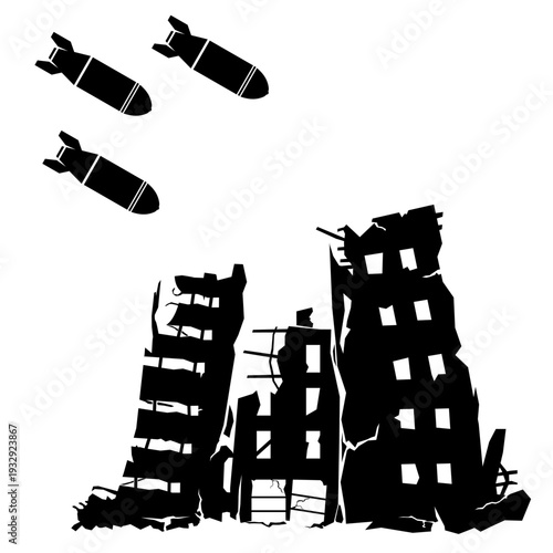 Modern Warfare Collateral Damage of Destroyed Buildings and Infrastructure Icon Silhouette Illustration Vector