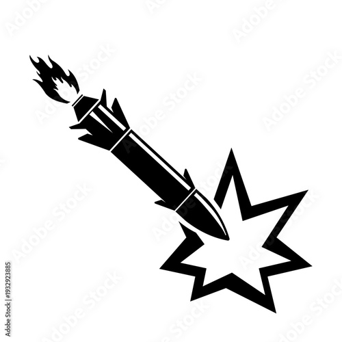 Guided Military Missile Rocket Strike Weapon with Explosion Icon Silhouette Illustration Vector