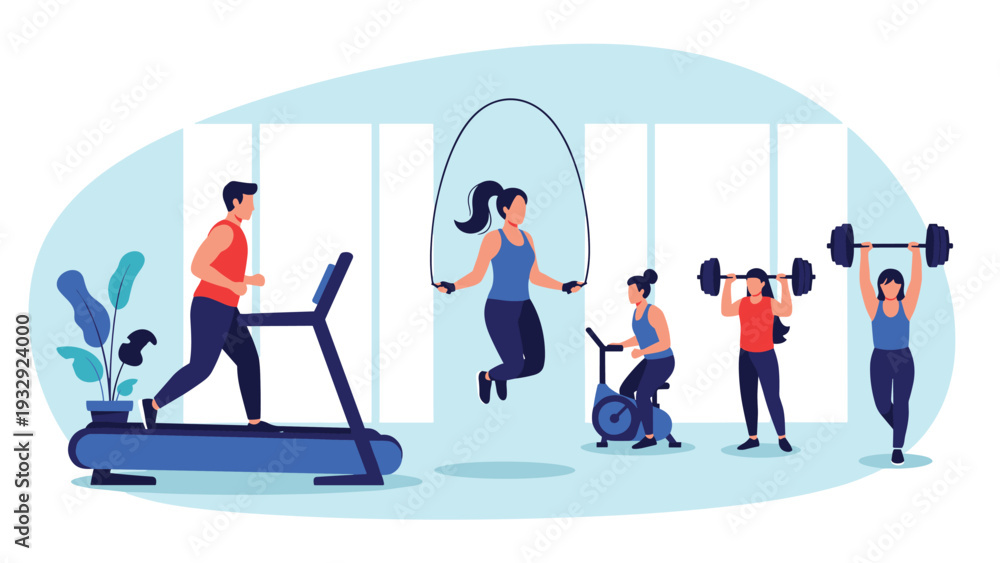 Fototapeta premium Diverse group of people performing various fitness activities like running, jumping rope, and weightlifting in a modern gym.